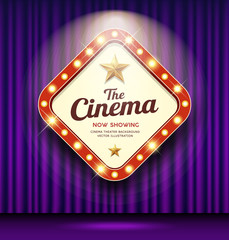 Cinema Theater sign shaped square light up on purple curtain design background, illustration