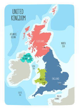 Hand drawn map of the United Kingdom including England, Wales, Scotland and Northern Ireland and their capital cities.