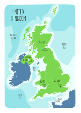 Hand drawn map of the United Kingdom including England, Wales, Scotland and Northern Ireland and their capital cities.
