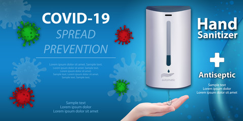 Wall automatic sanitizer dispenser for hand. Covid-19 spread prevention. Soap or antiseptic dispenser ads. Best protection against viruses, such as coronavirus. Horizontal banner.