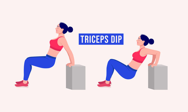 Girl doing Triceps Dip exercise, Woman workout fitness, aerobic and exercises. Vector Illustration.
