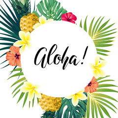 Green summer tropical background with exotic monstera palm leaves, pineapples, plumeria and hibiscus flowers. Vector floral background. Party flyer, invitation or banner template.