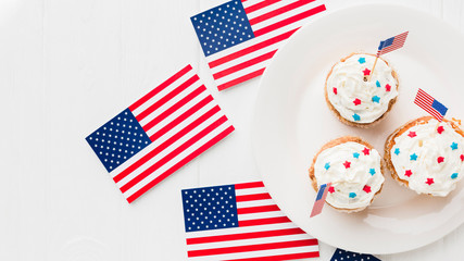 Top view of cupcakes on plate with american flags