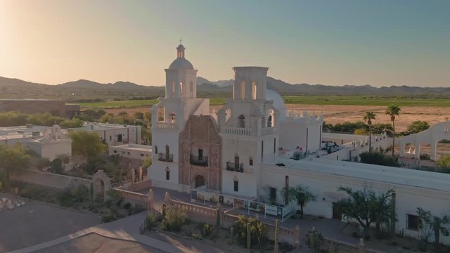 Tucson, Arizona, USA. 29 April 2020. Aerial view of Mission San Xavier del Bac, a historic Spanish Catholic mission on the Tohono O'odham Nation San Xavier Indian Reservation.