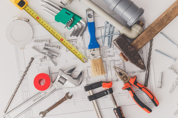 drawings and tools for repair and construction. Tio view