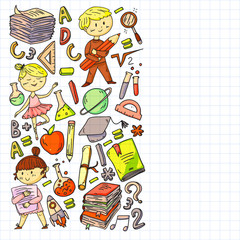 Obraz premium Cute school children. Imagination and creativity. Play and learn, singing, dancing, reading, drawing.