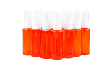 Lot of sanitizer bottles isolated on a white background