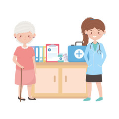 Doctor with old woman and furniture with document medicine jar kit and pills vector design