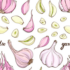 Vector seamless pattern : fresh garlic bulbs , cloves and slices. Hand drawn design of spicy food with lettering for textile, fabric, wrapping paper, wallpaper.