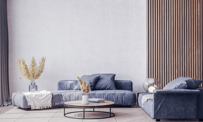 Scandinavian interior design of blue living room with modern furniture, vintage wallpaper background with wooden decoration, home decor, Poster mock up	