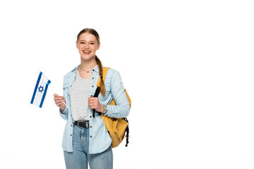 smiling pretty student with backpack holding flag of Israel isolated on white