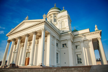 Fototapeta na wymiar Helsinki Cathedral cloudy blue sky. Building Architecture Elements