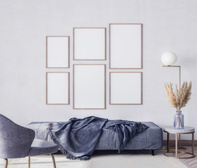 Scandinavian interior design of blue living room with modern furniture, vintage wallpaper background with wooden decoration, home decor, Poster mock up	