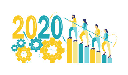 Flat vector illustration, male and female business goes up the pathway to 2020. Concept of business people in 2020.