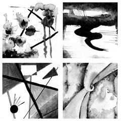 Abstract hand-painted black and white background, watercolor on paper, Wallpaper, texture. Set of sketches