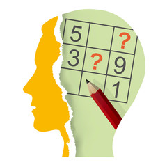 
Male head with sudoku and Pencil. 
Illustration of Stylized torn paper male head silhouette with sudoku and pencil. Vector available.