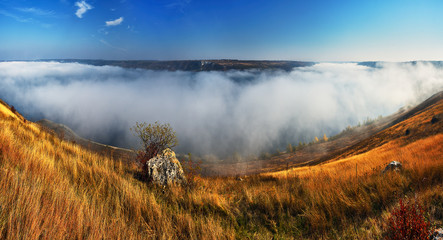 rocks in the fog. autumn fog on the canyon of the Dniester River
