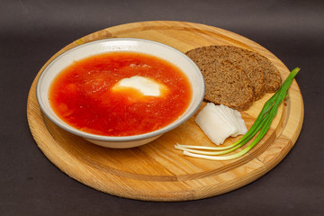 Ukrainian borscht (red-beet soup) with lard, garlic and bread