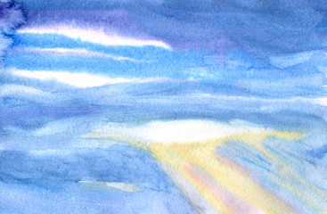 Cloudy sky with Sunbeam Watercolor Illustation Hand Drawing Background
