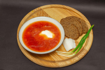 Ukrainian borscht (red-beet soup) with lard, garlic and bread