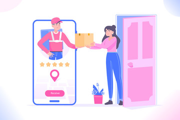 Delivery app concept. Delivery man in big smartphone delivering package to door and gives to the client. Online food delivery concept. Web banner or landing page concept vector