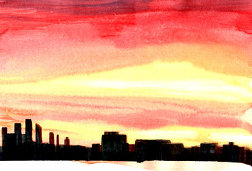 Sunset City Building Silhouette Watercolor Illustration Background Hand Drawn
