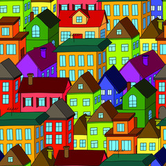 Coloful houses standing tight: bright seamless pattern, urban wallpaper print, wrapping texture design. Vector graphics.