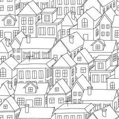 White houses stnding tight: colorless seamless pattern, urban wallpaper print, wrapping texture design, coloring page. Vector graphics.