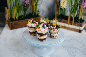 Set of beautiful delicious trifl close - up on the background. Dessert and sweets