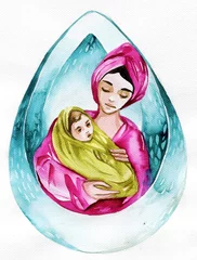 Crédence de cuisine en verre imprimé Inspiration picturale Illustration à l& 39 aquarelle représentant une mère avec un petit enfant.