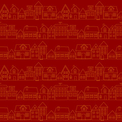 Contours of houses on bright red background: architectural seamless pattern, urban wallpaper print, wrapping texture design. Vector graphics.