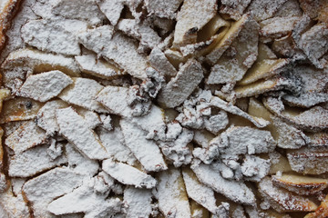 Apple pie sprinkled with powdered sugar. Homemade cake. Housework.