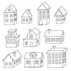 Set of ten colorless 3d houses illustrations, isolated. Drawn without using straight line tool. Vector graphics.