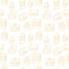 Orange houses' contours on white background: architectural seamless pattern, urban wallpaper print, wrapping texture design. Vector graphics.
