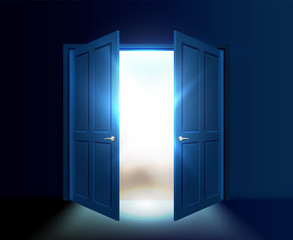 Ajar double door with light and rays of the sun coming out of the gap. Vector illustration.
