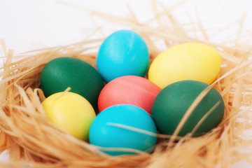 Fototapeta na wymiar easter eggs in nest. Spring holiday celebration