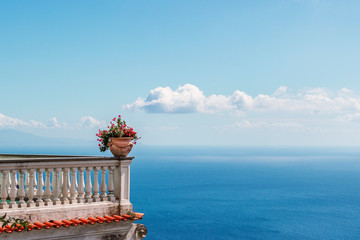A stunning view over the Amalfi Coast in Italy. A terrace overlooking the sea. 