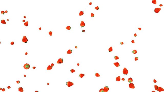 Strawberries flying in slow motion, upper view, against white
