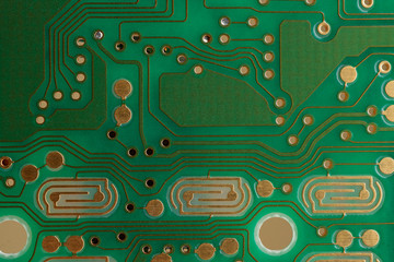 Empty PCB board supermacro closeup. Board without components.