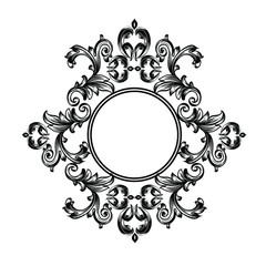 Vintage baroque frame scroll ornament engraving border floral retro pattern antique style acanthus foliage swirl decorative design element filigree calligraphy.