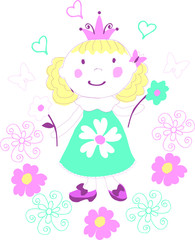 Clipart of hand painted cartoon little girl Princess isolated on white perfect for print, packaging and all kinds of design.