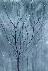 Hand drawn watercolor indigo tree illustration 