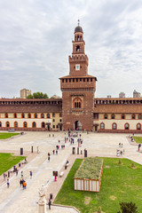 The inner courtyard and the Powder tower of the Sforzesco Castle - Castello Sforzesco in Milan, Italy