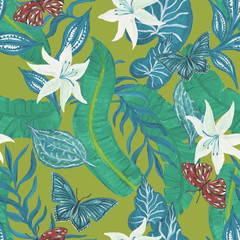 Guache painting seamless pattern with abstract tropical flowers, leaves