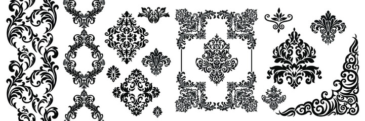 Vintage baroque frame scroll ornament engraving border floral retro pattern antique style acanthus foliage swirl decorative design element filigree calligraphy.