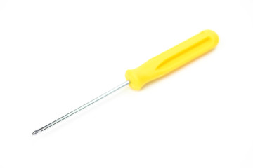 screwdriver with yellow handle isolated on white background. Single object Household tools for electrician, craftsman copy space Advertising tools, construction goods stores, home improvement