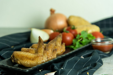 crispy kentucky fried chicken in a wooden table - junk food and unhealthy food. Breaded Crispy Spicy Fried Chicken tasty dinner
