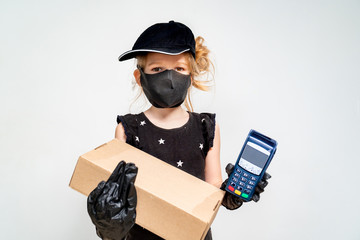 contactless payment. Little girl is delivery man. 