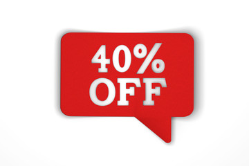 40 percent off red sale discount speech bubble. 3d render