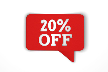 20 percent off red sale discount speech bubble. 3d render